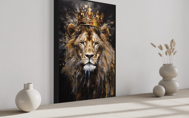 Lion King With Crown Man Cave Framed Canvas Wall Art