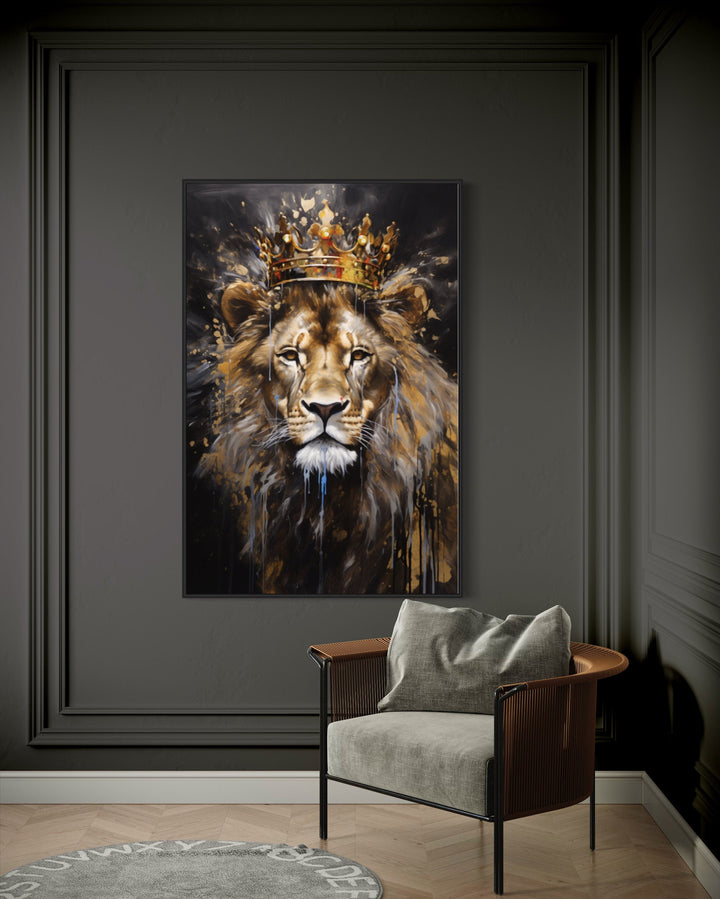 Lion King With Crown Man Cave Framed Canvas Wall Art