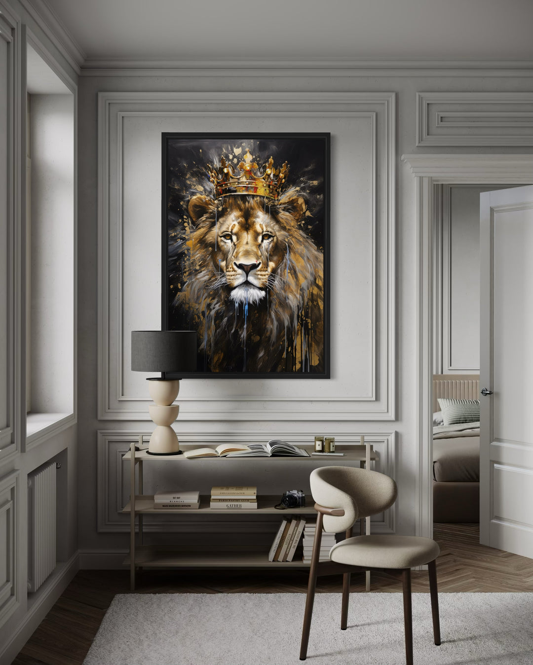 Lion King with Crown framed canvas wall art in a modern room with a desk and chair.