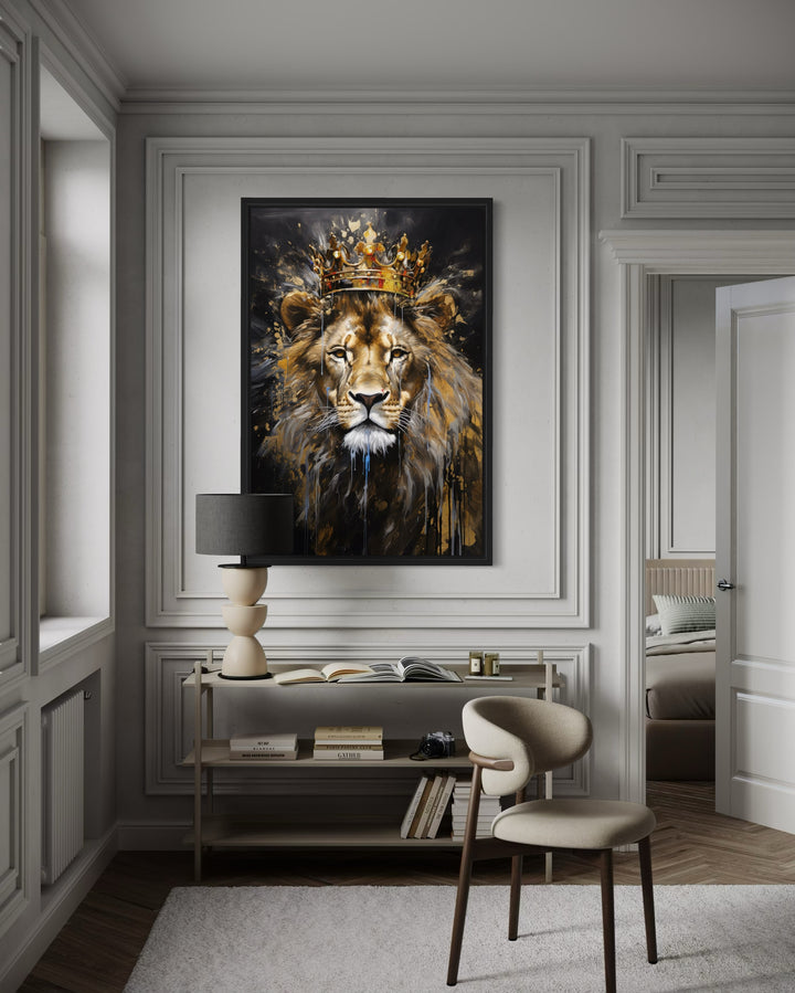 Lion King with Crown framed canvas wall art in a modern room with a desk and chair.