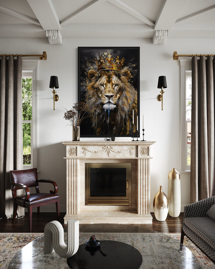 Lion King With Crown Man Cave Framed Canvas Wall Art hanging above a marble fireplace.