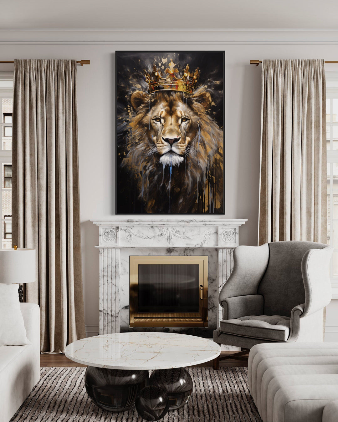 Lion King With Crown Man Cave Framed Canvas Wall Art