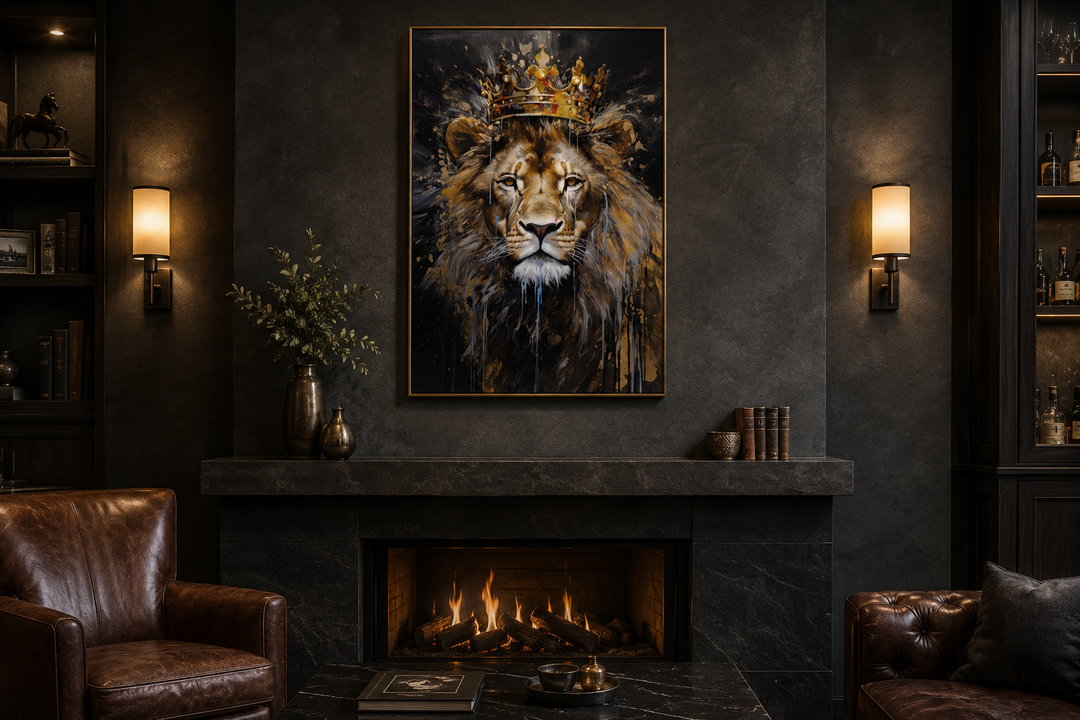 Lion King with Crown framed canvas wall art above a fireplace in a dark, modern man cave.