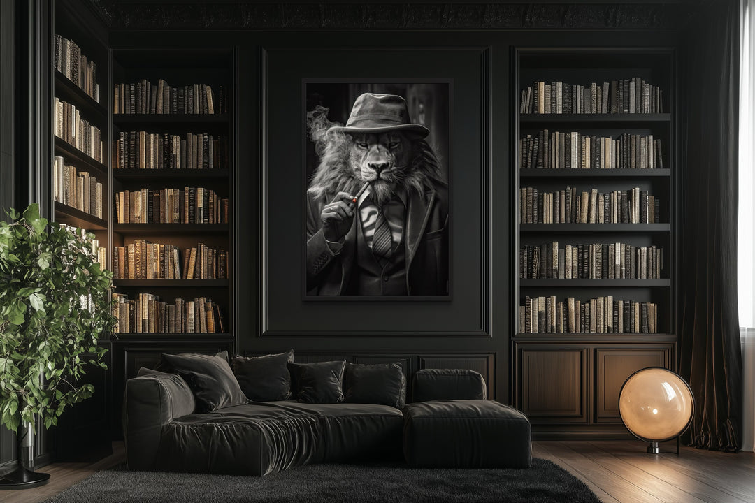 Lion Man In Suit Smoking Cigar Man Cave Framed Canvas Wall Art