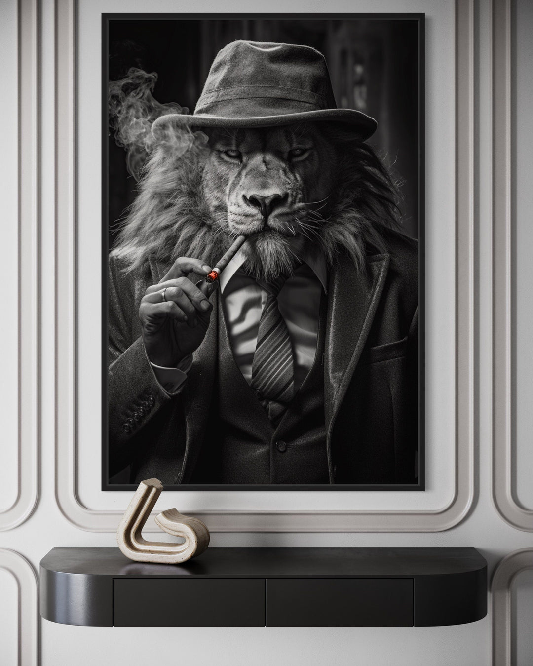 Lion Man In Suit Smoking Cigar Man Cave Framed Canvas Wall Art