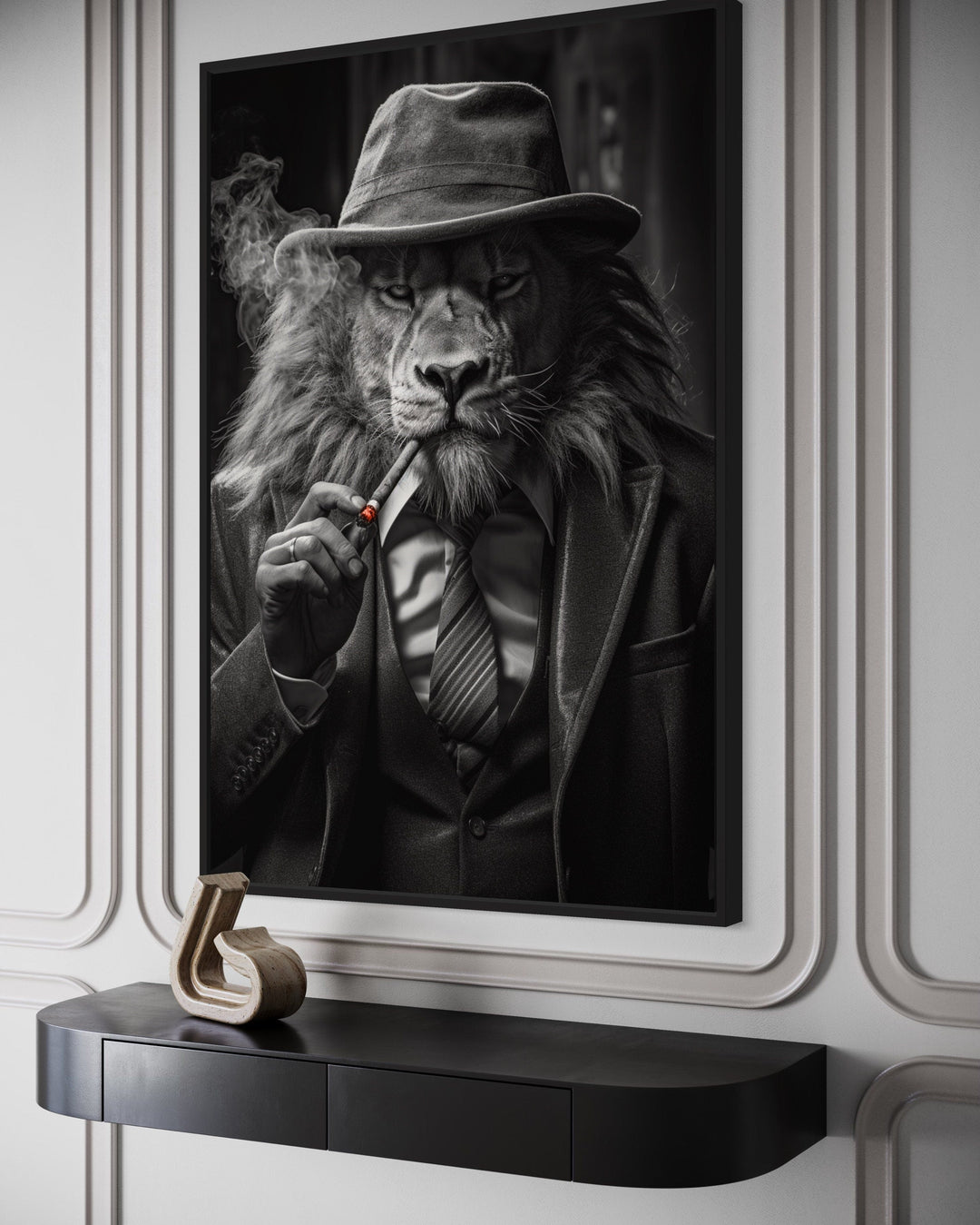 Lion Man In Suit Smoking Cigar Man Cave Framed Canvas Wall Art