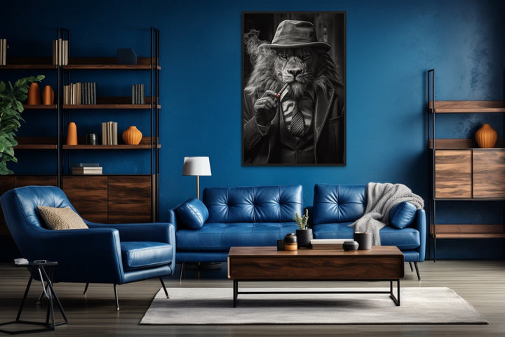 Lion Man In Suit Smoking Cigar Man Cave Framed Canvas Wall Art