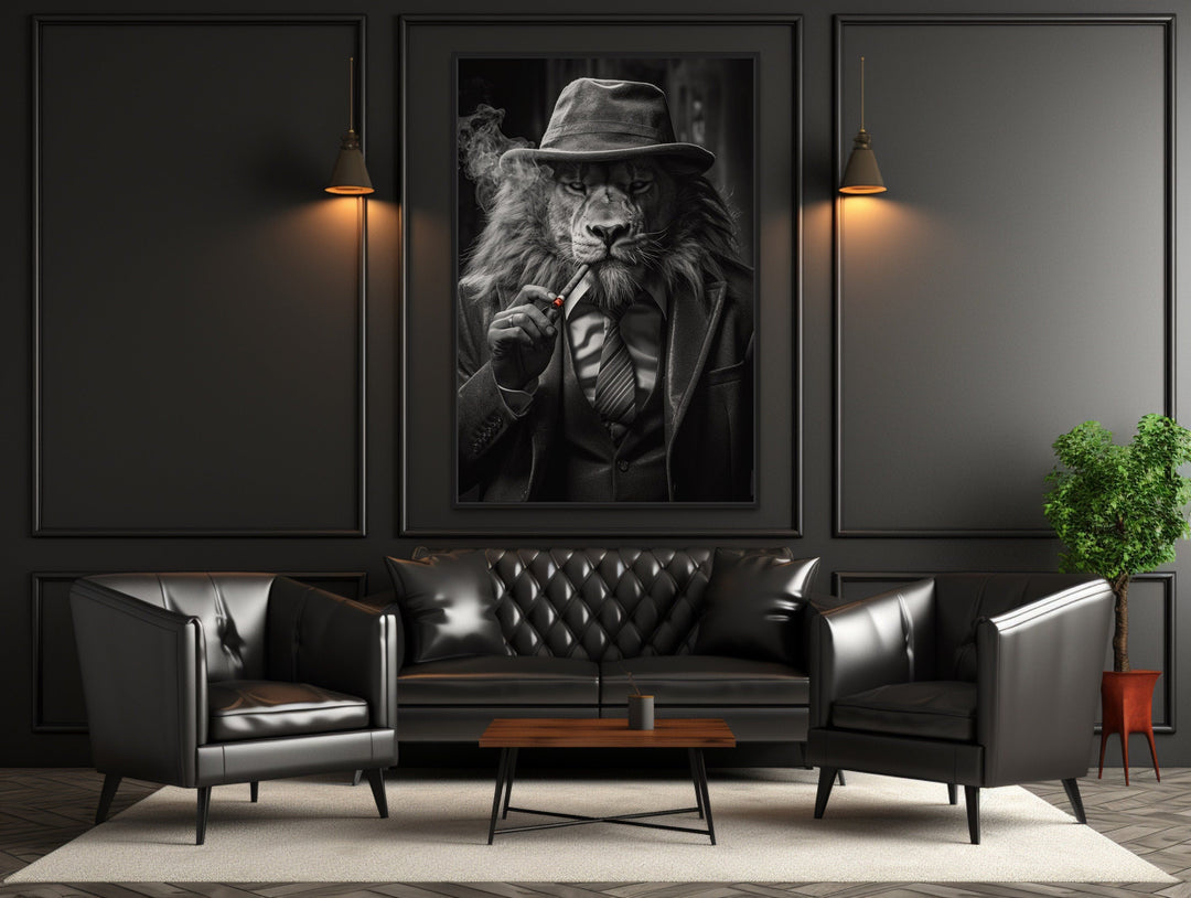 Lion Man In Suit Smoking Cigar Man Cave Framed Canvas Wall Art