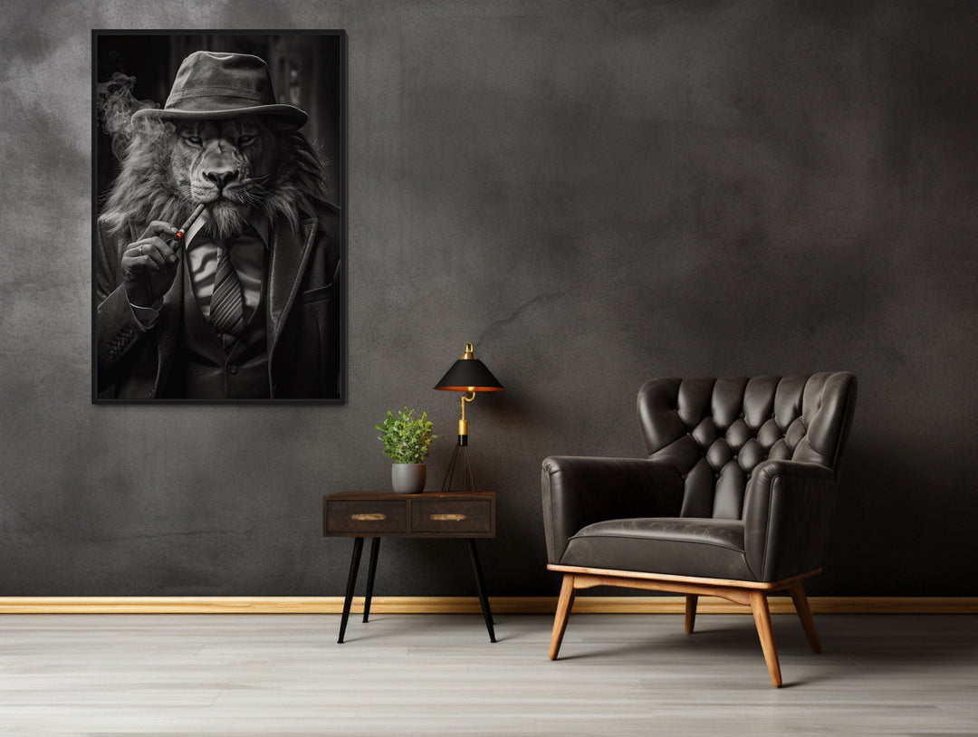 Lion Man In Suit Smoking Cigar Man Cave Framed Canvas Wall Art