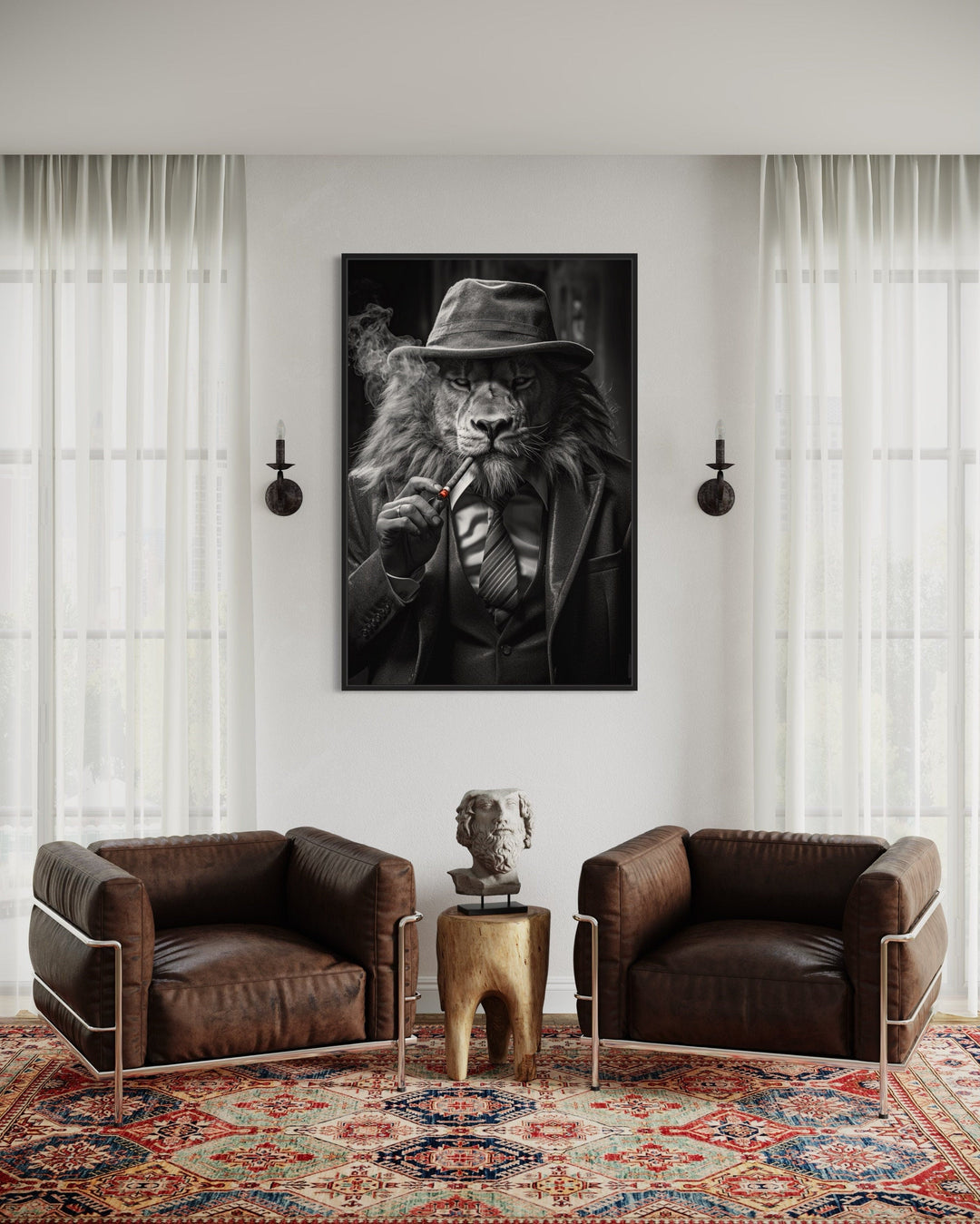 Lion Man In Suit Smoking Cigar Man Cave Framed Canvas Wall Art