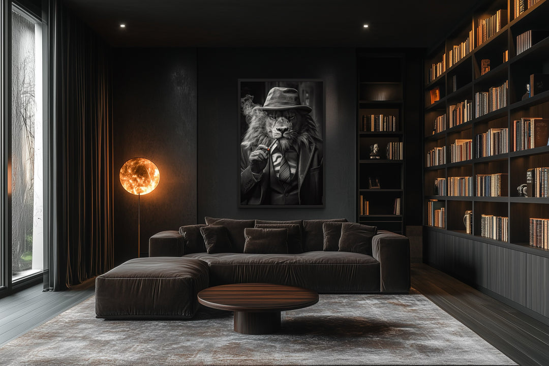 Lion Man In Suit Smoking Cigar Man Cave Framed Canvas Wall Art