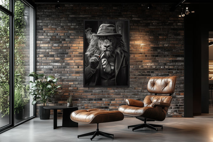 Lion Man In Suit Smoking Cigar Man Cave Framed Canvas Wall Art