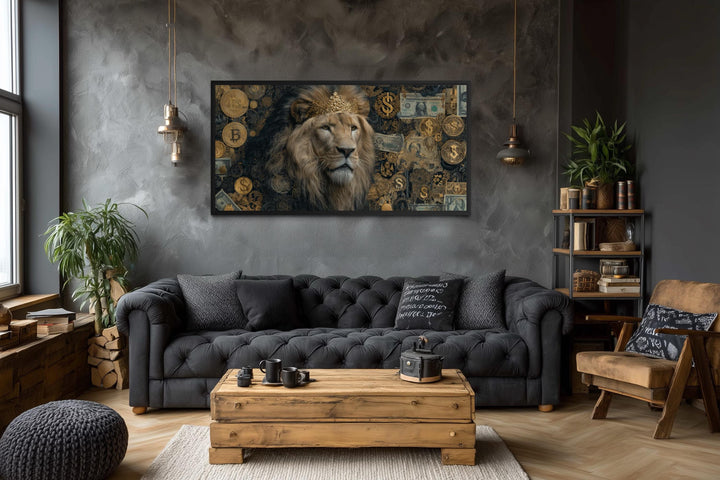 Lion Money Wall Art – Luxury Gold Artwork Stretched Canvas for Man Cave Decor