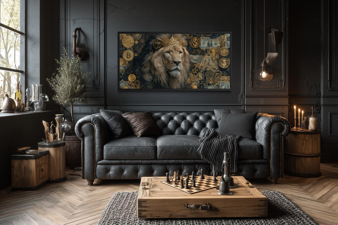 Lion Money Wall Art – Luxury Gold Artwork Stretched Canvas for Man Cave Decor