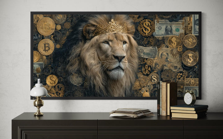 Lion Money Wall Art – Luxury Gold Artwork Stretched Canvas for Man Cave Decor