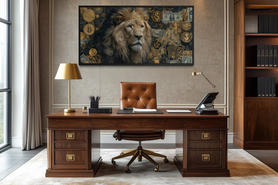 Lion Money Wall Art – Luxury Gold Artwork Stretched Canvas for Man Cave Decor