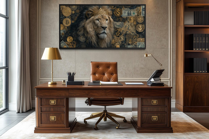 Lion Money Wall Art – Luxury Gold Artwork Stretched Canvas for Man Cave Decor