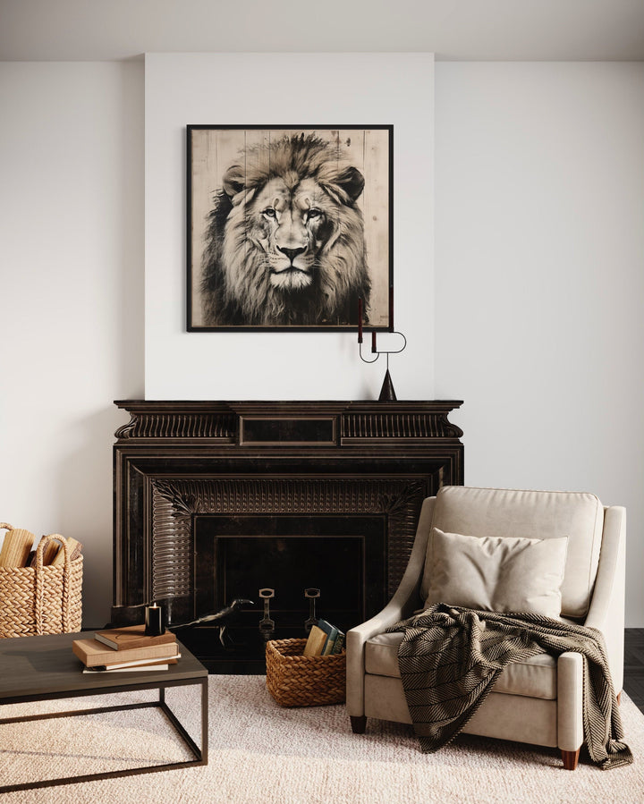 Lion Portrait on Distressed Wood Framed Canvas Wall Art