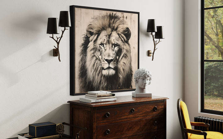 Lion Portrait on Distressed Wood Framed Canvas Wall Art