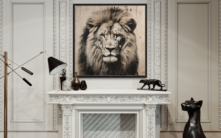 Lion Portrait on Distressed Wood Framed Canvas Wall Art