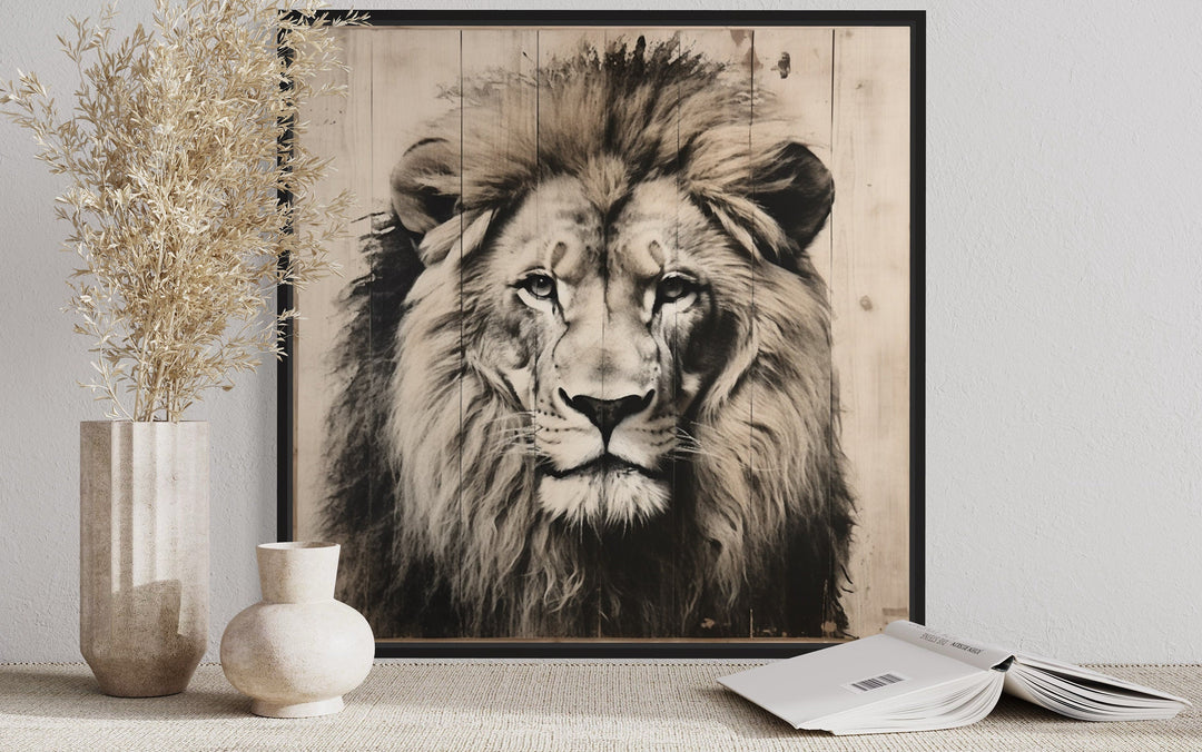 Lion Portrait on Distressed Wood Framed Canvas Wall Art