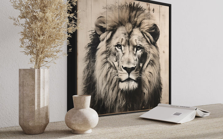 Lion Portrait on Distressed Wood Framed Canvas Wall Art