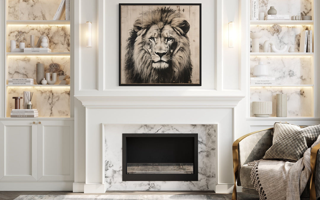 Lion Portrait on Distressed Wood Framed Canvas Wall Art