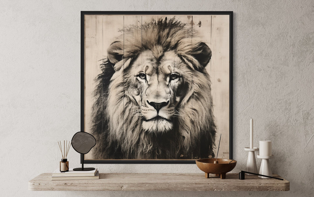 Lion Portrait on Distressed Wood Framed Canvas Wall Art