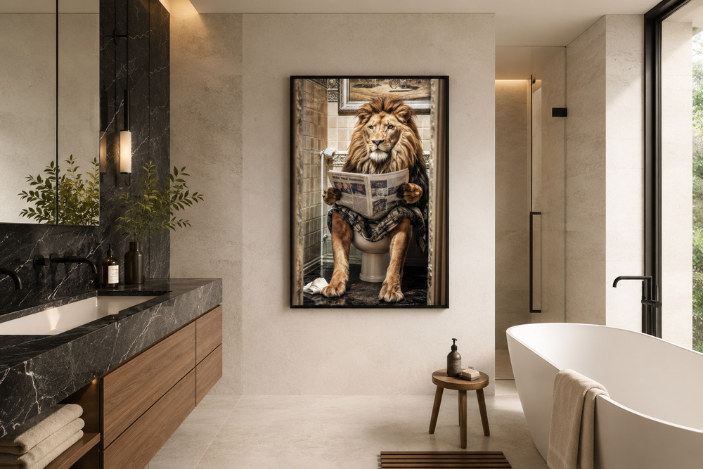 Framed canvas of a lion sitting on a toilet reading a newspaper in a modern bathroom setting.