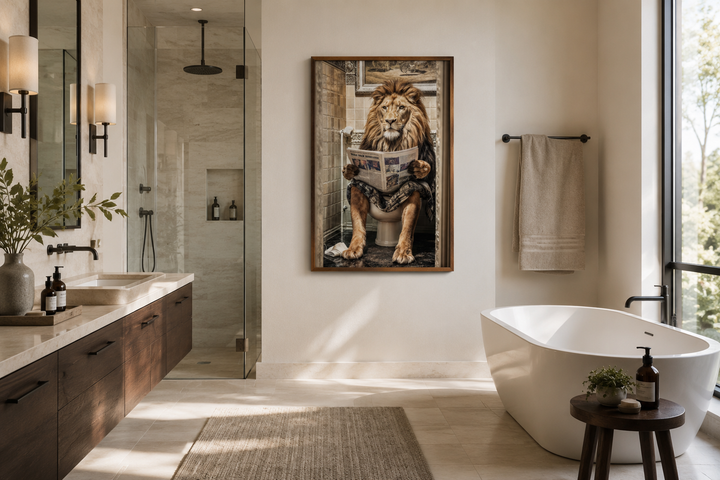 Framed canvas of a lion sitting on a toilet reading a newspaper, hung in a modern bathroom.