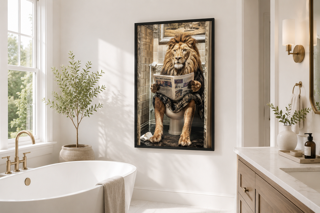 Lion sitting on a toilet reading a newspaper framed canvas picture in a modern bathroom.