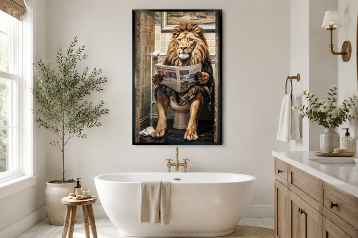 Lion sitting on a toilet reading a newspaper, framed canvas art hanging in a modern bathroom.