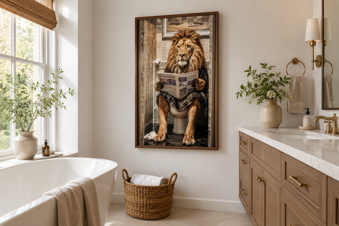 Lion sitting on a toilet reading a newspaper framed canvas art in a modern bathroom setting.