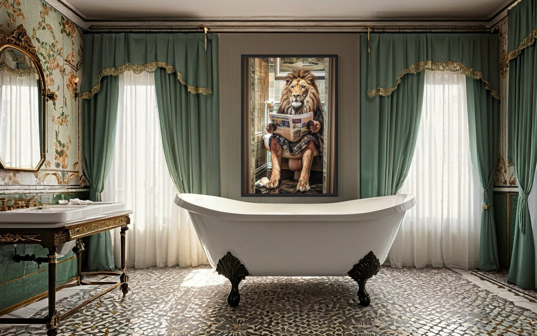 a bathroom with a claw foot tub and a painting on the wall