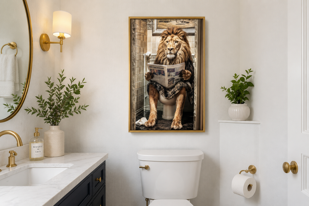Framed canvas of a lion sitting on a toilet reading a newspaper in a modern bathroom setting.