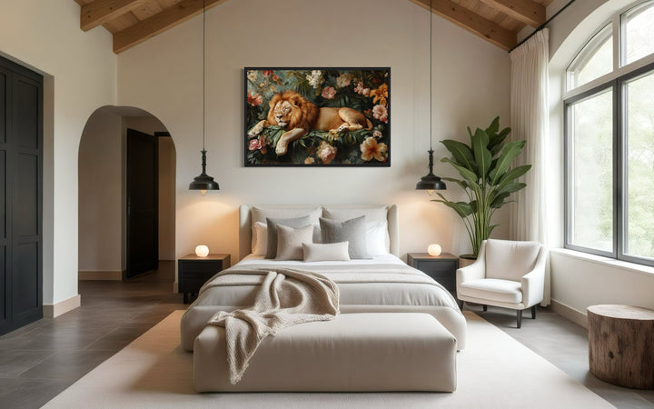 Lion sleeping in the jungle framed canvas wall art hanging above a bed in a modern bedroom.