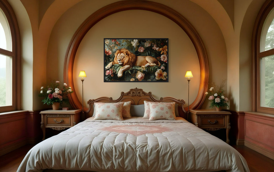 Framed canvas wall art of a lion sleeping among flowers, hung above a bed in a bedroom.
