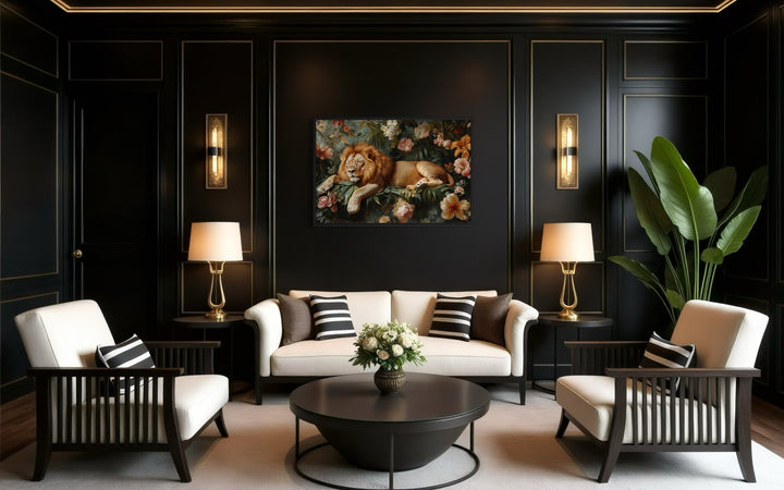 Framed canvas wall art of a lion sleeping in a floral jungle, hung in a black paneled living room.
