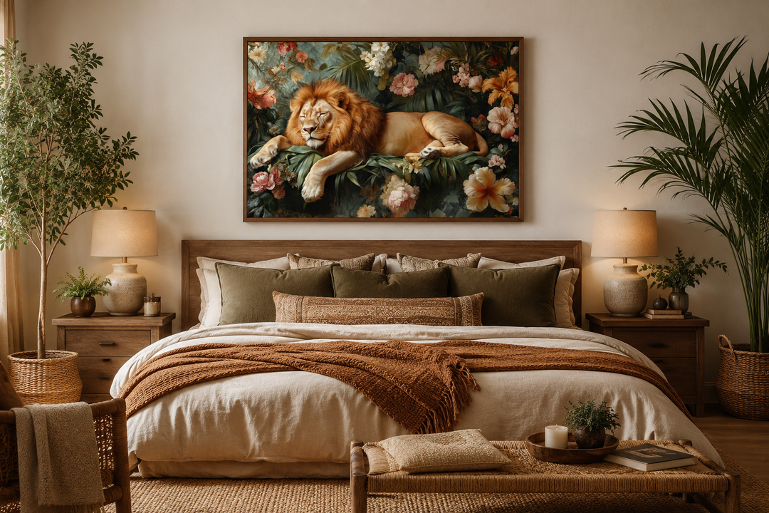 Framed canvas wall art of a lion sleeping in a jungle with flowers above a bed in a bedroom.