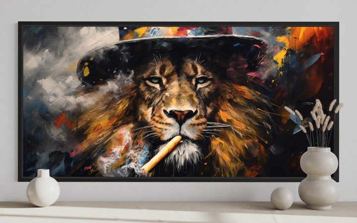 Framed canvas print of a lion smoking a cigar in an abstract, colorful painterly style.