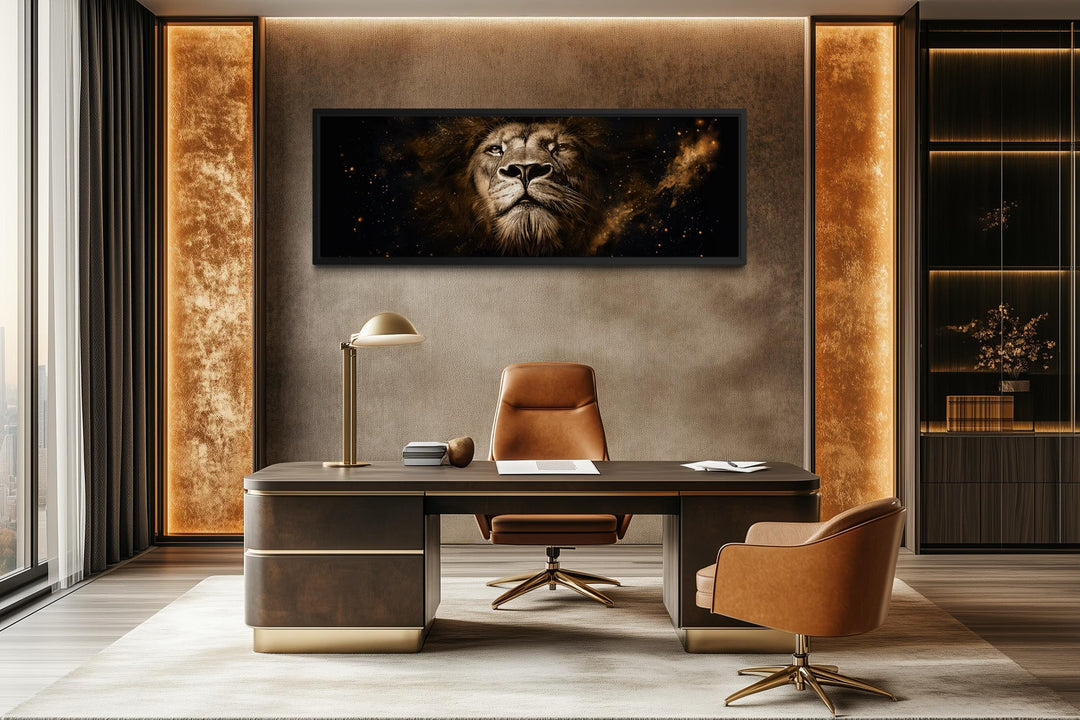 A long narrow canvas of a majestic lion face in black and gold hangs in a modern executive office.