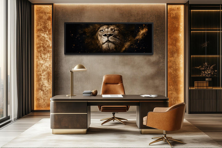 A long narrow canvas of a majestic lion face in black and gold hangs in a modern executive office.
