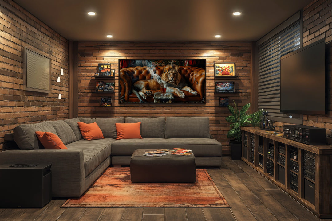 Lion Wall Art – Majestic Lion Painting | Framed Canvas Print for Man Cave Decor