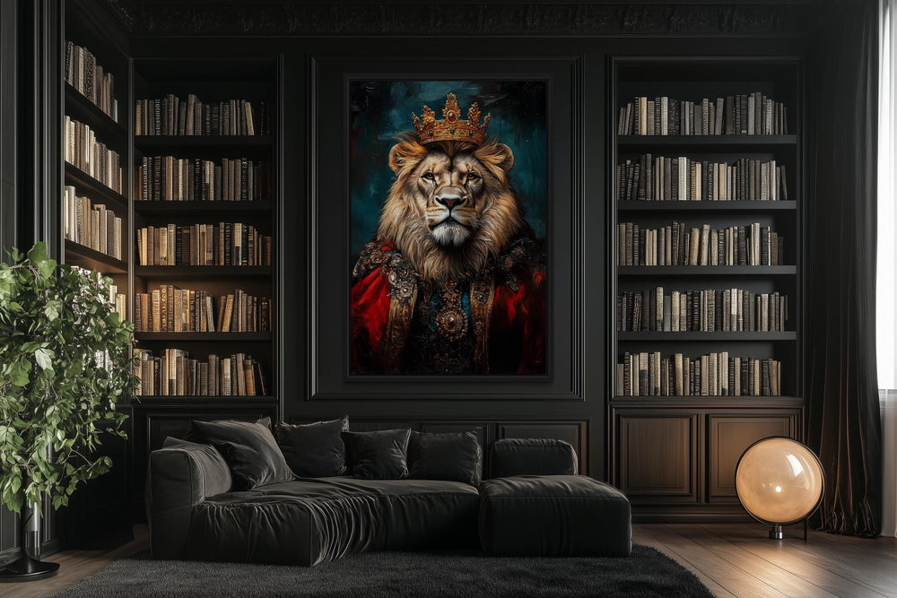 Victorian lion portrait wall art with crown and robe in a dark library setting above a black sofa.