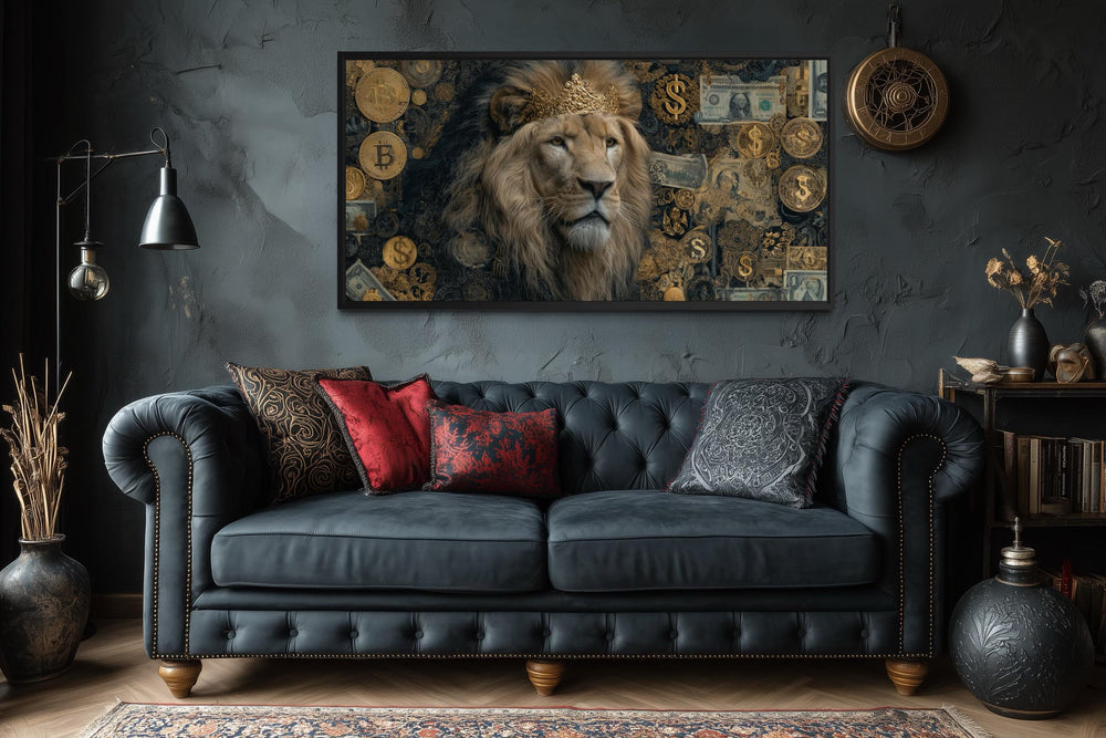 Lion With Money and Gold Coins Framed Canvas Wall Art