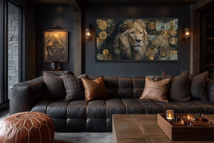 Lion With Money and Gold Coins Framed Canvas Wall Art