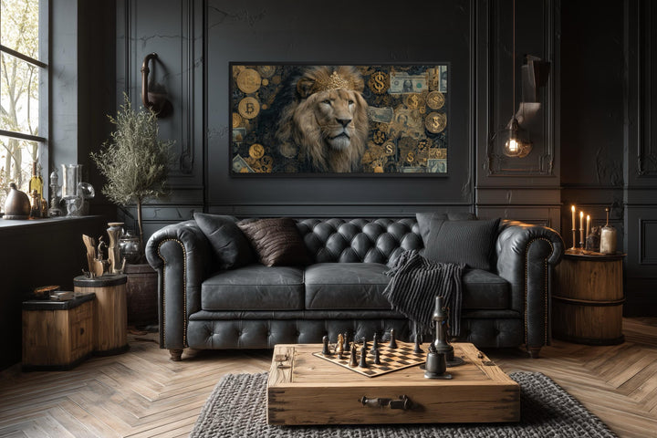 Lion With Money and Gold Coins Framed Canvas Wall Art