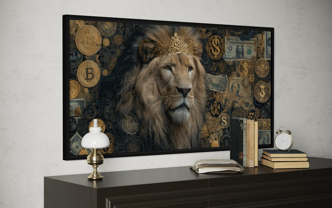 Lion With Money and Gold Coins Framed Canvas Wall Art