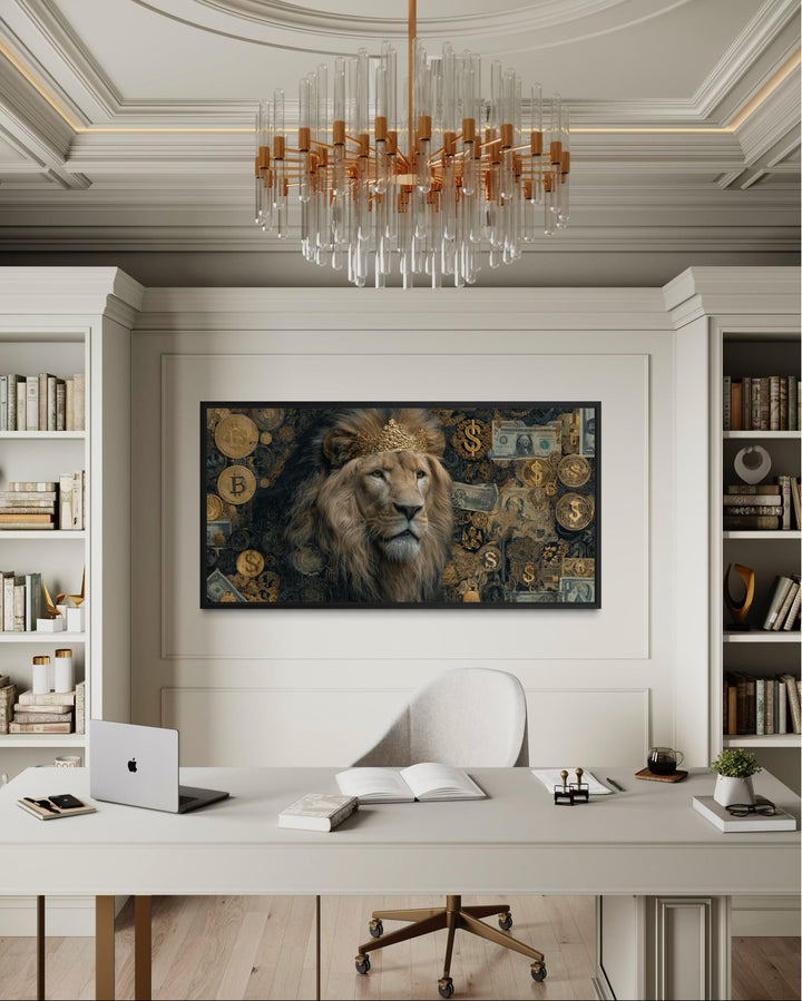 Lion With Money and Gold Coins Framed Canvas Wall Art