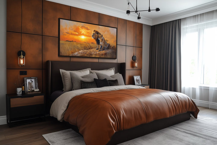 Lion and Lioness Wall Art - African Savannah Framed Canvas Print for Rustic Home Decor